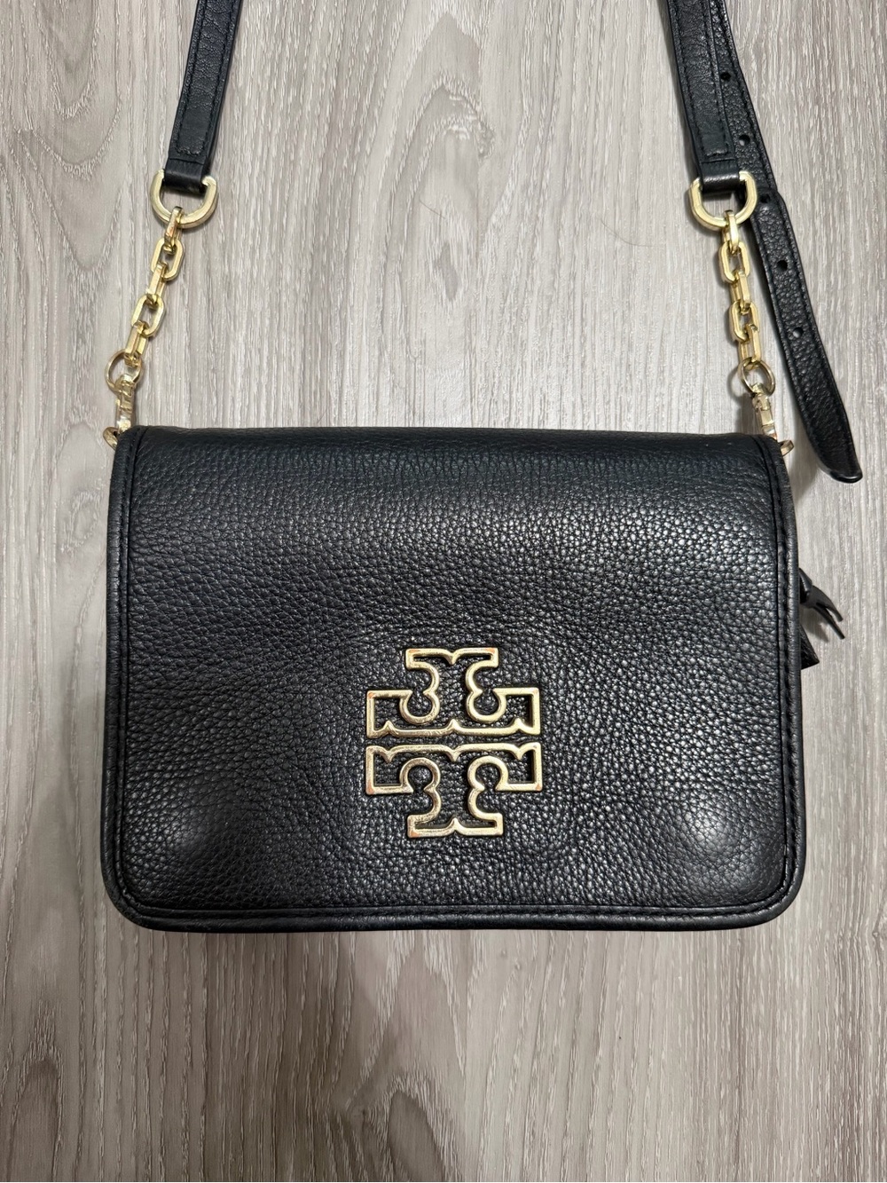 Tory Burch Black Pebbled Leather Crossbody with Gold Logo